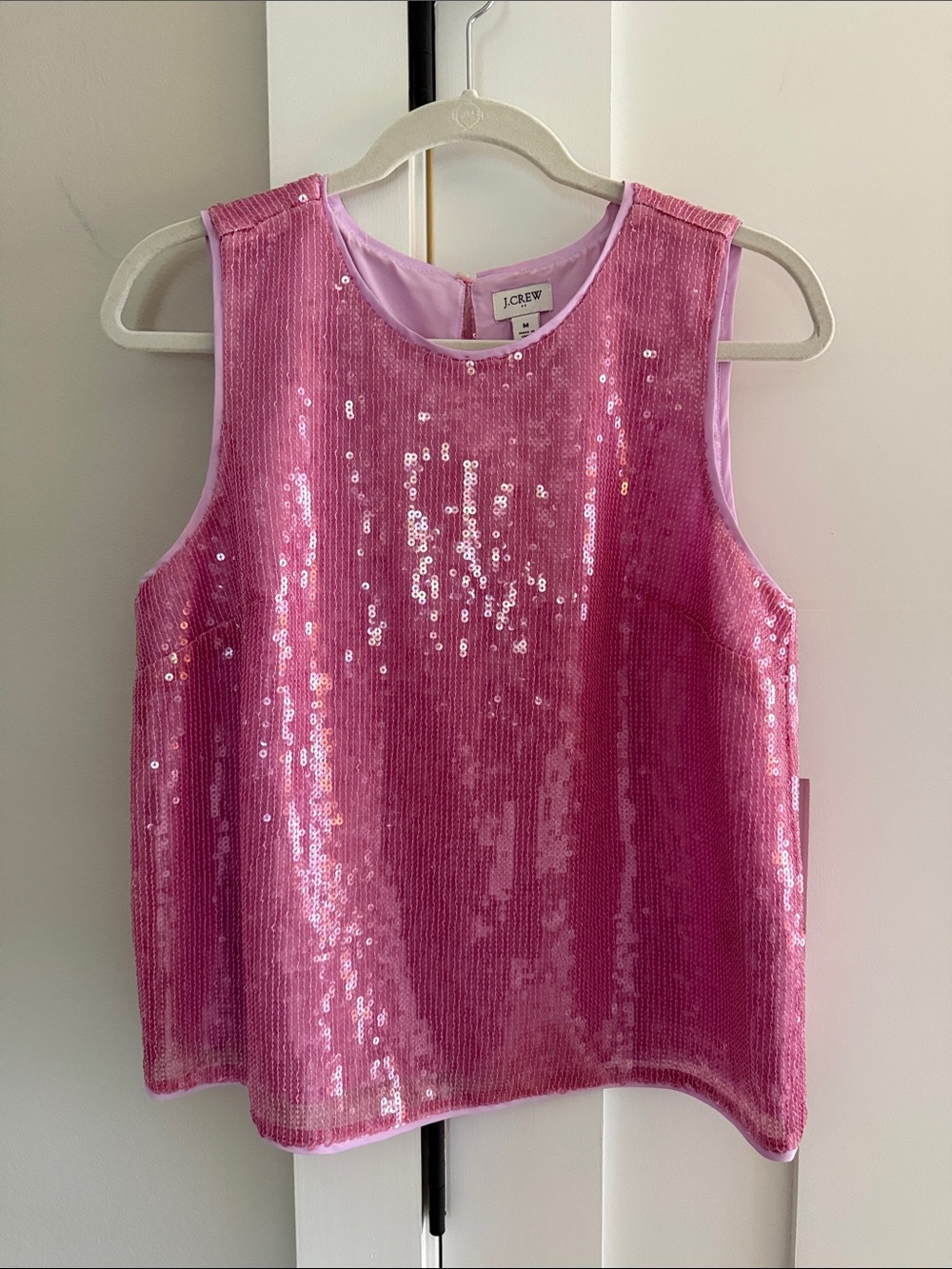 J Crew Pink Sequin Sleeveless Top Round Neckline Lined Keyhole Closure M NEW
